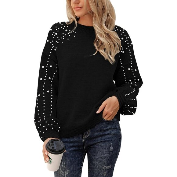 Women's Oversized Knit Sweater Lantern Sleeve Pearls Crewneck Casual Pullover
